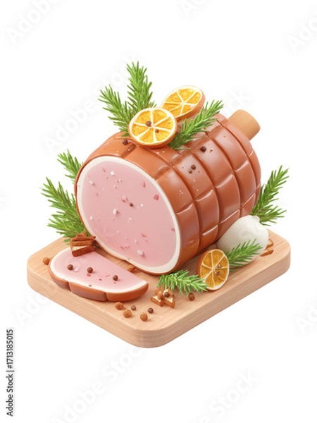Fototapeta Cooked ham with herbs and spices on wooden cutting board, fresh sliced meat with orange and rosemary garnish, delicious food presentation