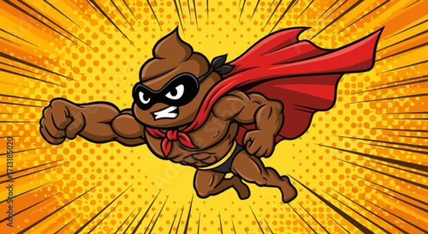 Fototapeta Cartoon illustration of a muscular anthropomorphic poop character wearing a superhero costume, including a cape and mask, flying against a dynamic yellow and...