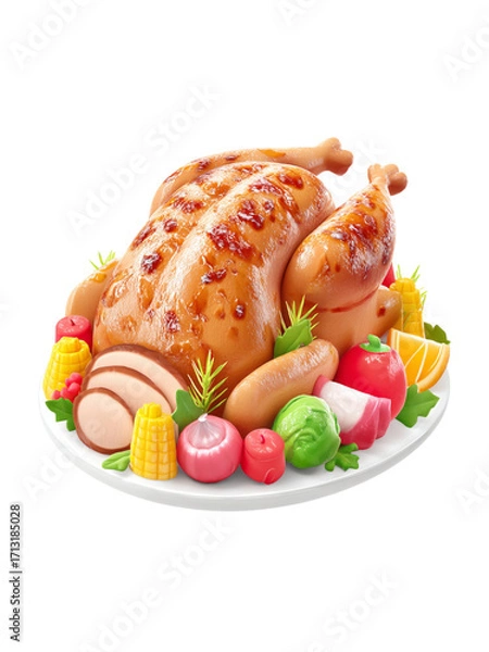 Fototapeta Roasted whole chicken with grilled skin served on white plate with corn, tomato, onion, lettuce, and orange slices for festive meal