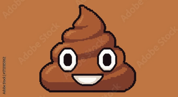 Fototapeta Animated cartoon illustration of a brown smiling pile of excrement with white eyes, set against a brown background.