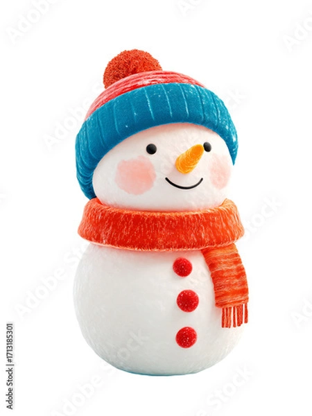 Fototapeta Snowman with blue and red hat, orange scarf, carrot nose, and red buttons smiling warmly in winter holiday season