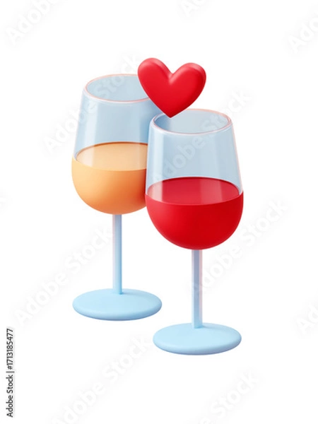 Fototapeta Two colorful wine glasses with red heart above create romantic and joyful atmosphere for celebration or love moments