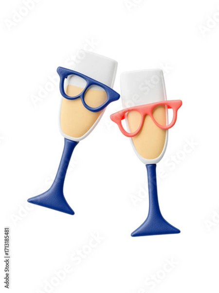 Fototapeta Two champagne glasses with foam and colorful glasses, festive celebration concept with fun and joy