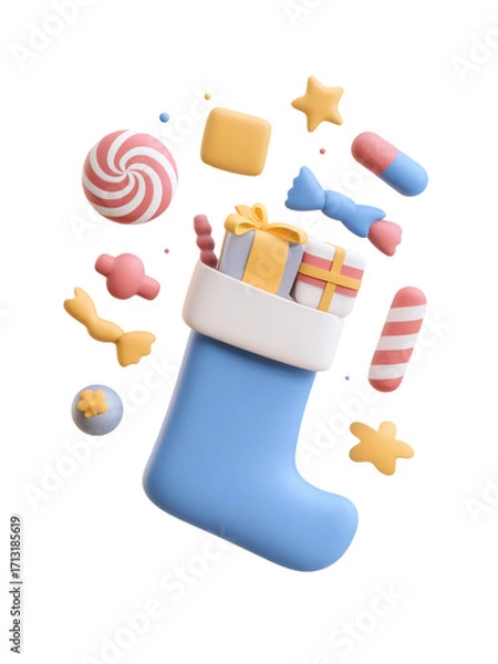 Fototapeta Christmas stocking filled with colorful candy and gift boxes, festive holiday decoration with joyful and playful elements