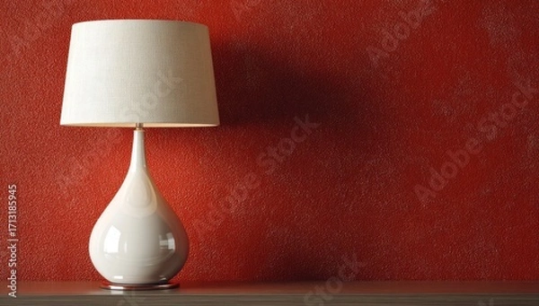 Fototapeta A simple, elegant table lamp with a creamy white shade sits against a textured, deep crimson background, casting a gentle light.
