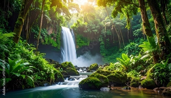 Obraz Lush waterfall flows in tropical forest