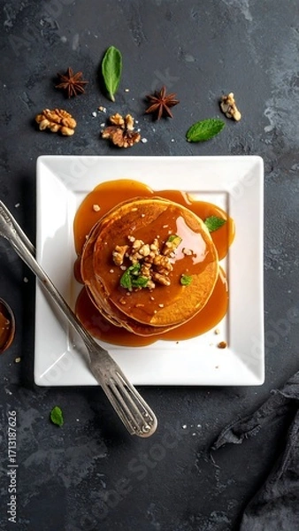 Fototapeta Stacked pancakes drenched in caramel sauce, topped with walnuts and herbs