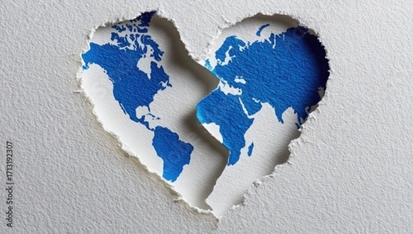 Fototapeta A world map, fragmented and torn, is depicted within a heart-shaped hole, evoking a sense of division and vulnerability.