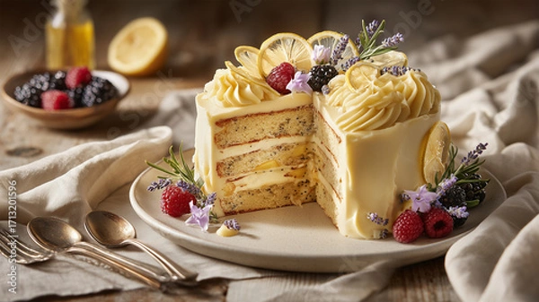 Fototapeta レモンケシの実の層ケーキ断面を皿に盛り付け