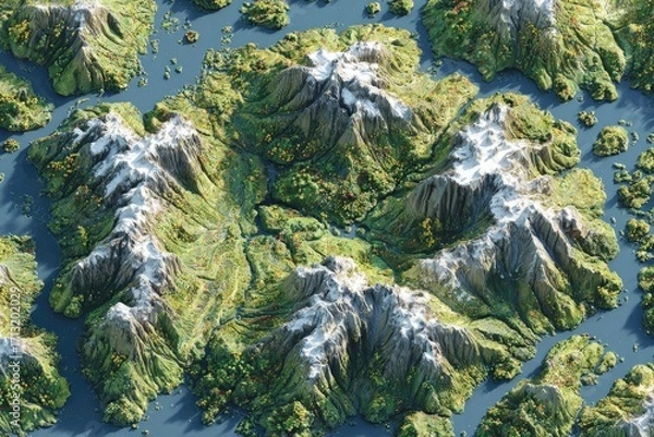 Fototapeta A detailed digital illustration showcasing a mountainous archipelago with snow-capped peaks, lush vegetation, and serene waterways.