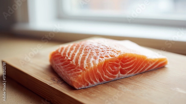Fototapeta 木のまな板に生サーモン切り身がのる