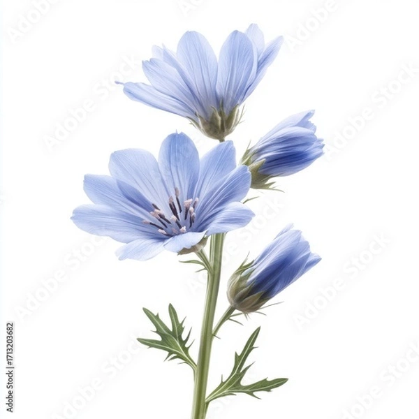 Fototapeta Delicate blue flowers showcasing soft petals and subtle hues against a white background, exuding tranquility.