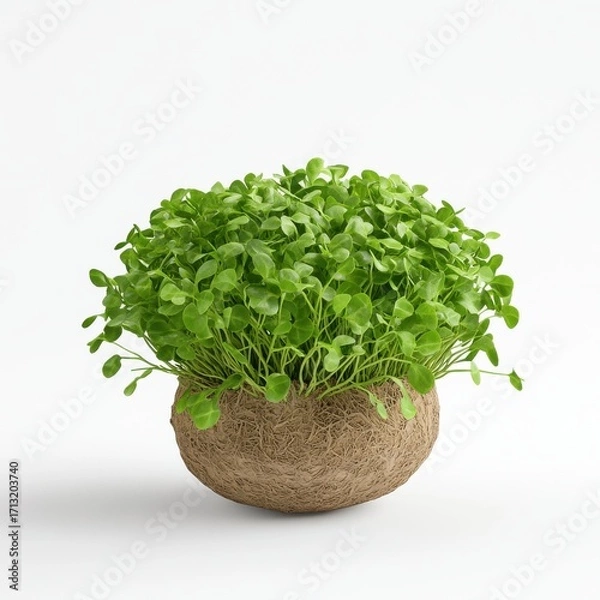 Fototapeta A vibrant green microgreens arrangement in a natural, textured pot, showcasing fresh growth and vitality.