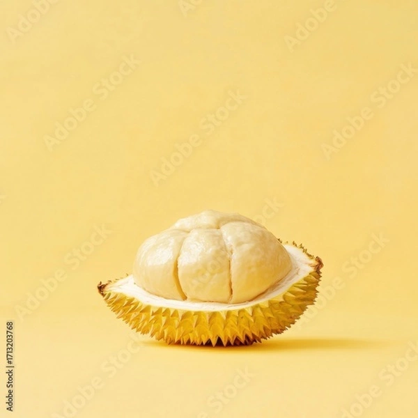 Fototapeta Close-up of a durian fruit against a vibrant yellow background, showcasing its creamy flesh and spiky exterior.
