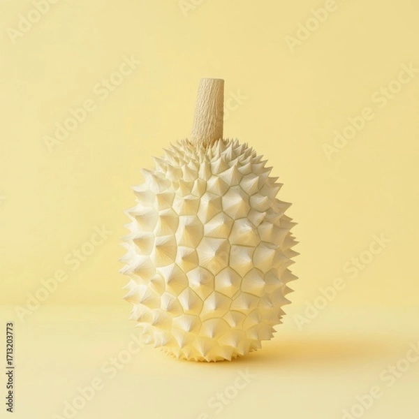 Fototapeta A textured yellow durian on a soft yellow background, showcasing its unique spiky exterior.
