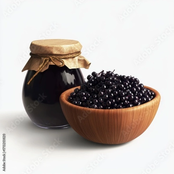 Fototapeta A rustic jar of elderberry jam next to a wooden bowl full of fresh elderberries, showcasing vibrant colors and textures.