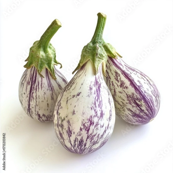 Fototapeta Three vibrant striped eggplants with a smooth texture and rich colors, perfect for culinary use.