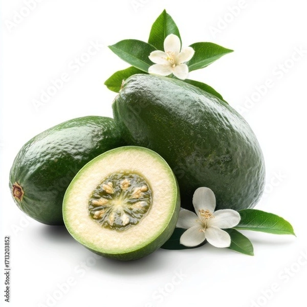 Fototapeta Fresh green avocados with one cut in half, showcasing the inner seed, surrounded by delicate white blossoms and leaves.