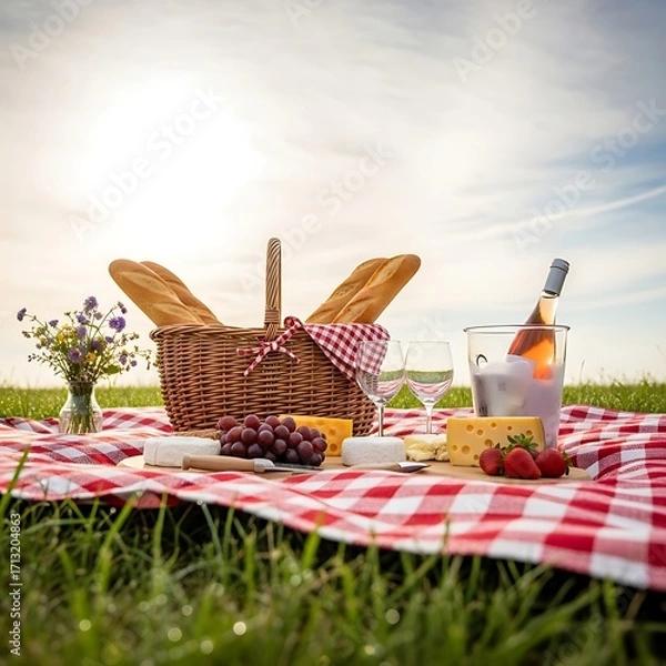 Fototapeta Charming outdoor picnic setup with gourmet cheese, wine, and baguettes on a sunny day