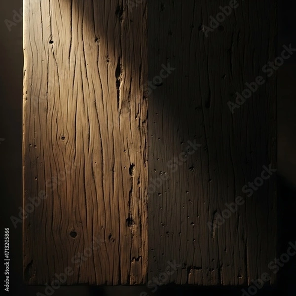 Fototapeta Rustic wooden surface bathed in contrasting sunlight and deep shadow, highlighting intricate natural grain and weathered texture