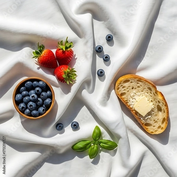 Fototapeta Fresh Berries and Buttered Toast on a White Silk Cloth
