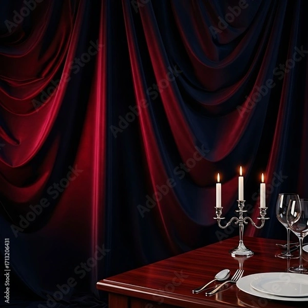 Fototapeta An elegant table set for a romantic candlelight dinner for two against a dramatic curtain backdrop