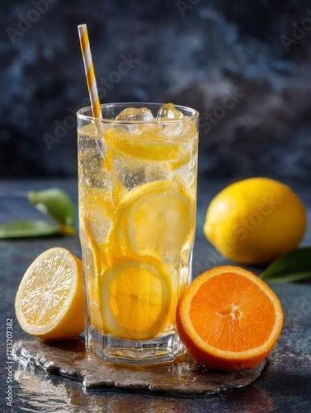 Fototapeta Lemon  orange citrus drink with ice in a tall glass alongside fruit halves