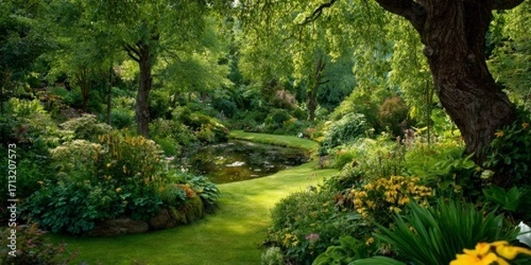 Obraz Lush garden with pond green grass big trees and colorful flowers on a bright sunny day