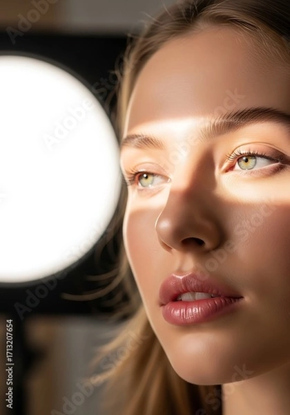 Fototapeta Captivating Portrait of a Young Woman with Glowing Skin, Illuminated by a Dramatic Beam of Light