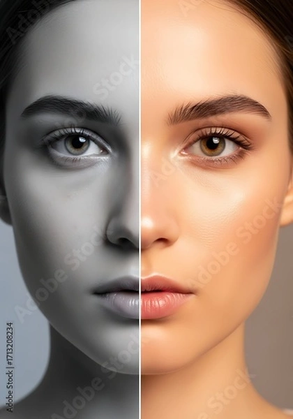 Fototapeta Striking Contrast Woman's Face Split Between Vibrant Color and Classic Grayscale