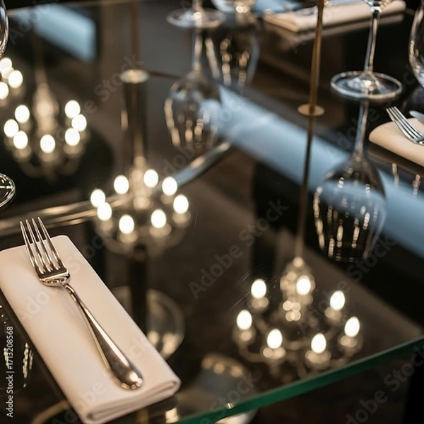 Fototapeta Elegant Table Setting with Silverware, Wine Glasses, and Soft Lighting Reflections