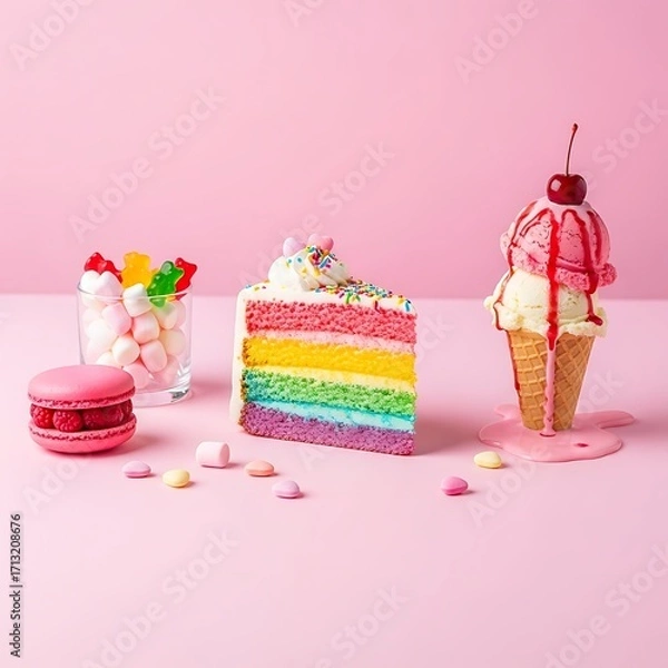Fototapeta Whimsical sugary confections and delightful desserts create a vibrant, celebratory display of pure joy