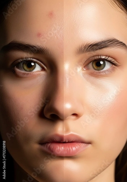 Fototapeta A woman's face comparison before and after a skincare treatment for acne
