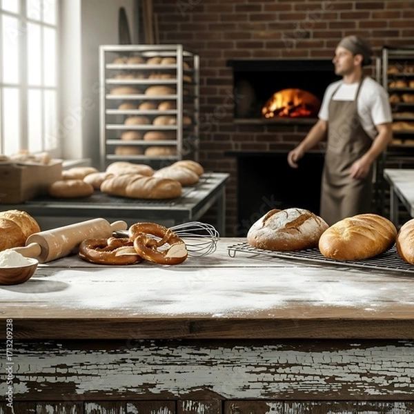 Fototapeta Baker at Work Freshly Baked Bread Displayed on Wooden Table in a Bakery
