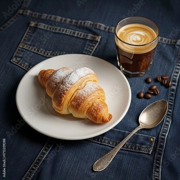 Fototapeta Delicious Golden Croissant Dusted with Sugar, Accompanied by Rich Coffee on a Textured Denim Surface