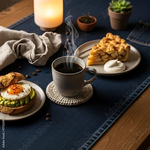Fototapeta A warm and inviting breakfast scene featuring coffee, a croissant sandwich, and apple pie