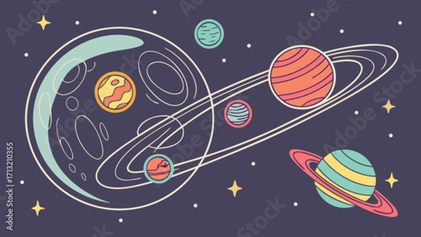 Fototapeta Explore colorful planets and stars in outer space cartoon illustration for kids and space enthusiasts