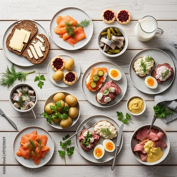 Fototapeta A Delicious Selection of Scandinavian Smørrebrød and Pickled Herring