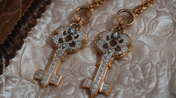 Fototapeta Two ornate gold key pendants, encrusted with glittering stones, rest on a textured surface beside a leather-bound book