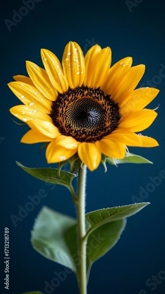 Fototapeta Vibrant yellow sunflower with dew drops, isolated against a deep blue background