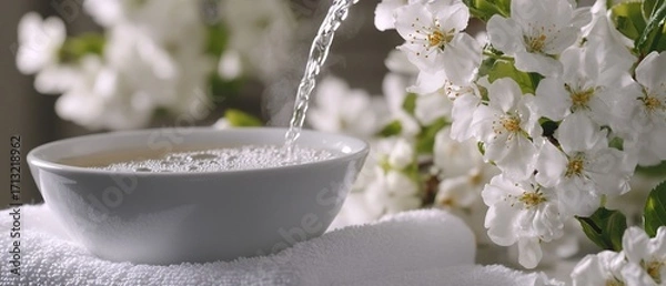 Fototapeta Water pours into a bowl of bubbly liquid, beside blossoming white flowers on a soft towel