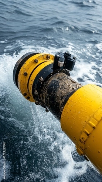 Fototapeta Yellow and black marine pipe discharging fluid into churning water