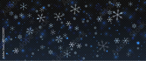 Fototapeta Blue snowflakes falling on transparent background. Christmas overlay with bokeh light effect for decoration, texture, poster, cover, or festive atmosphere.