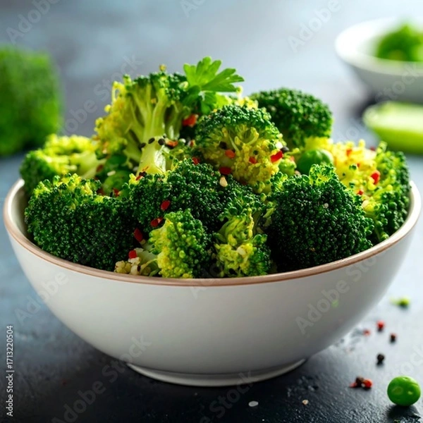 Fototapeta Steamed broccoli with peas and spices in a bowl