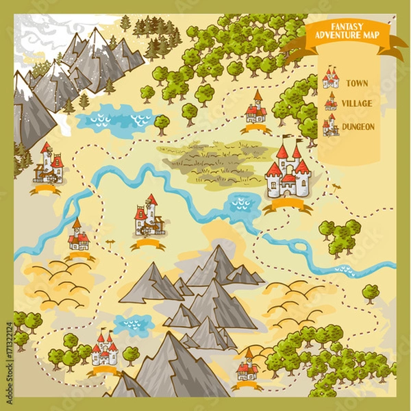 Obraz Elementy mapy Fantasy Adventure z kolorowym doodle ręcznie rysować w ilustracji wektorowych