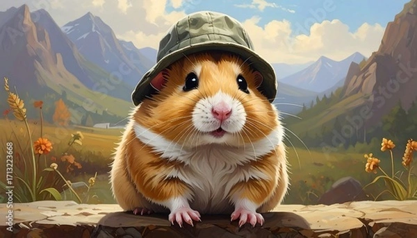 Fototapeta A charming hamster wearing a hat sits atop a rock, gazing out at a picturesque landscape of mountains and fields.