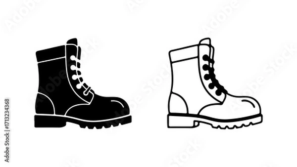 Fototapeta Pair of Combat Boots Black and White Outline Icon Set.