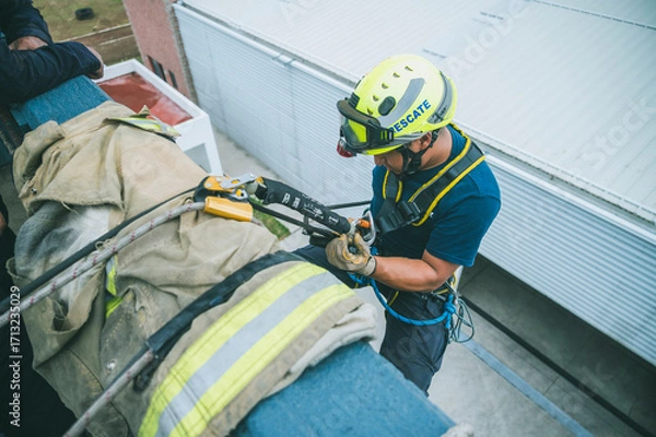 Fototapeta 
Firefighter rescuer begins rappelling down a multi-story building, using a descent device, wearing protective gear such as a helmet, harness, and carabiners.