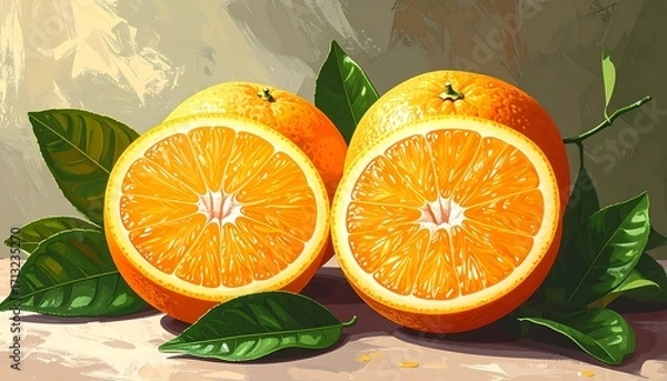 Fototapeta Still life of two halved oranges with leaves
