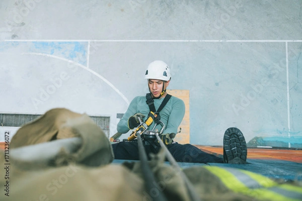 Fototapeta 
Firefighter rescuer descending a massive wall using a rappelling device in a multi-story building, wearing protective gear such as a helmet, harness, and carabiners.